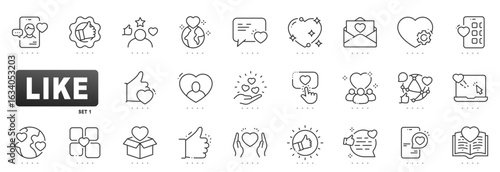 Editable outline vector social media icon set featuring like, heart, engagement, reaction, click, share, community, network, feedback and digital interactions