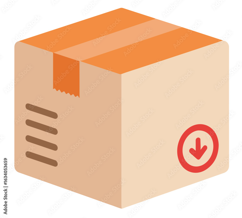 Fototapeta premium A simple illustration of a closed cardboard box with tape and a downward arrow.