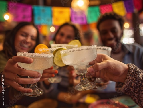 Four Colleagues Clinking Margarita Glasses Salt Rim Light Vibrant Papel Picado Bokeh Background f/2.8
