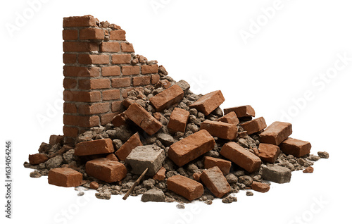 A partially collapsed brick wall with scattered bricks and debris, showing signs of wear and demolition on transparent background.