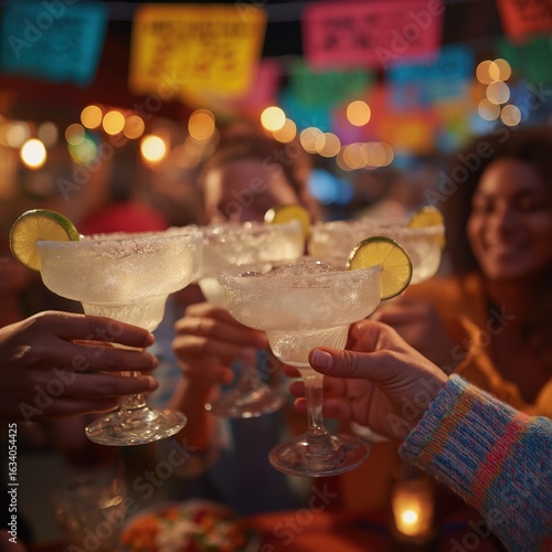 Four Colleagues Clinking Margarita Glasses Salt Rim Light Vibrant Papel Picado Bokeh Background f/2.8