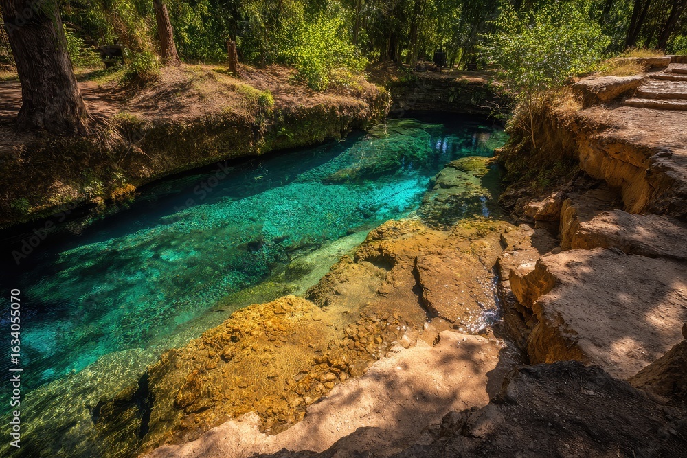 Naklejka premium Crystal-clear spring flowing through rocky terrain