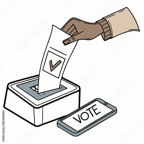 Hand placing vote slip into digital device next to smartphone