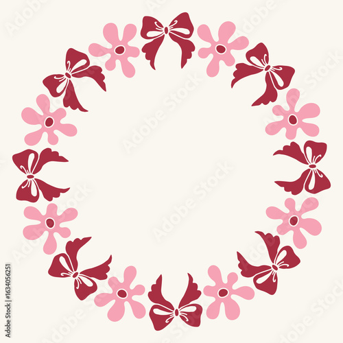 Pink Daisy and Ribbon Wreath. Romantic Hand Drawn Circle Frame. Whimsical Chamomile and bow circular border in pastel hues for invitations, scrapbooking, and romantic stationery. Vector illustration