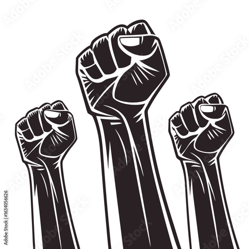 Three black clenched fists raised on white background