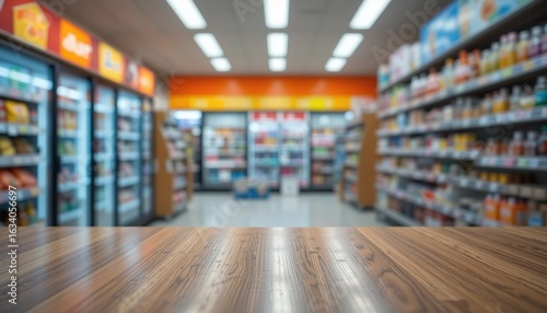 Blurred background of a brightly lit convenience store, foreground empty shelf or table for product placement