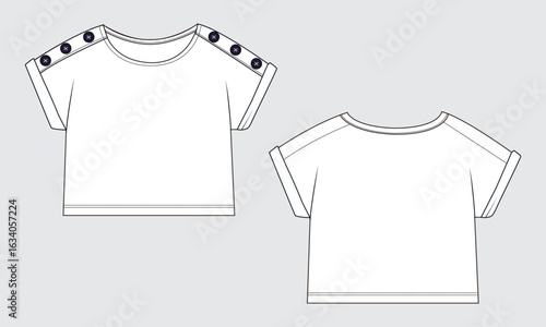 Short sleeve t shirt tops technical drawing fashion flat sketch vector illustration template for kids