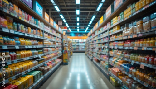 a blurred minimarket aisle, shallow depth of field, warm lighting, clean and modern look