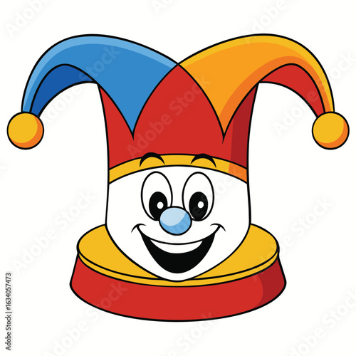 A vibrant red and blue clown hat set against a white backdrop.