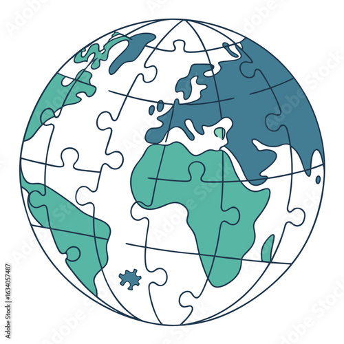 Blue and green puzzle pieces forming a globe isolated on white