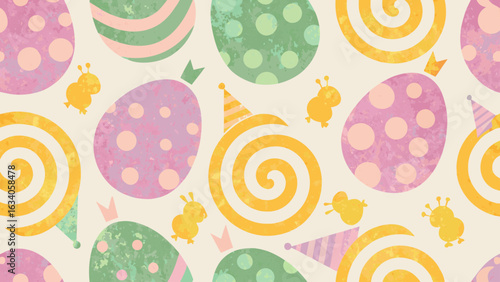 Festive easter eggs with crowns and party hats and swirls and small yellow bugs seamless pattern