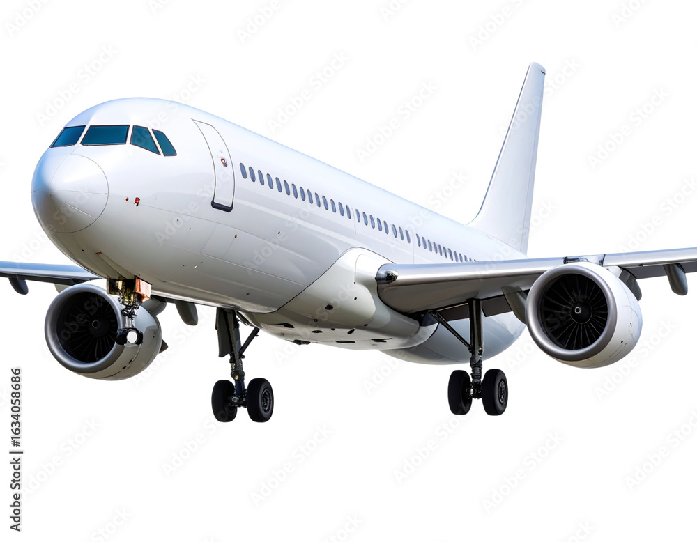 Obraz premium Close-Up Side View of White Airplane Flying Isolated on Transparent Background