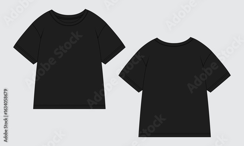 Short sleeve t shirt technical drawing fashion flat sketch vector illustration black Color template