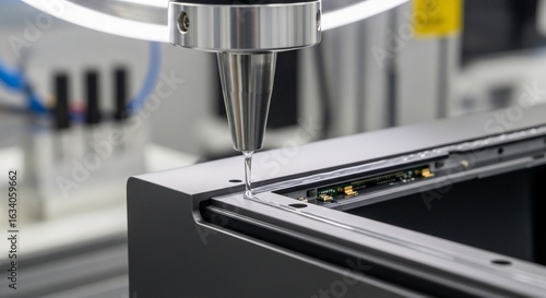Automated Dispensing System Applying Sealant on Electronic Component, Close-Up