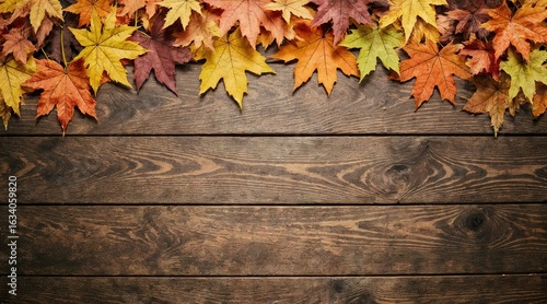 Fototapeta Naklejka Na Ścianę i Meble -  Rustic wooden table with autumn leaves border. Orange, yellow, red fall colors. High contrast, warm lighting, ideal for seasonal themes. Copy space for text