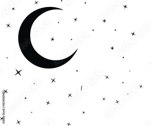 Celestial Serenity: A simple yet striking illustration captures the enchantment of a crescent moon adorned with twinkling stars. It evokes a sense of peace, tranquility.