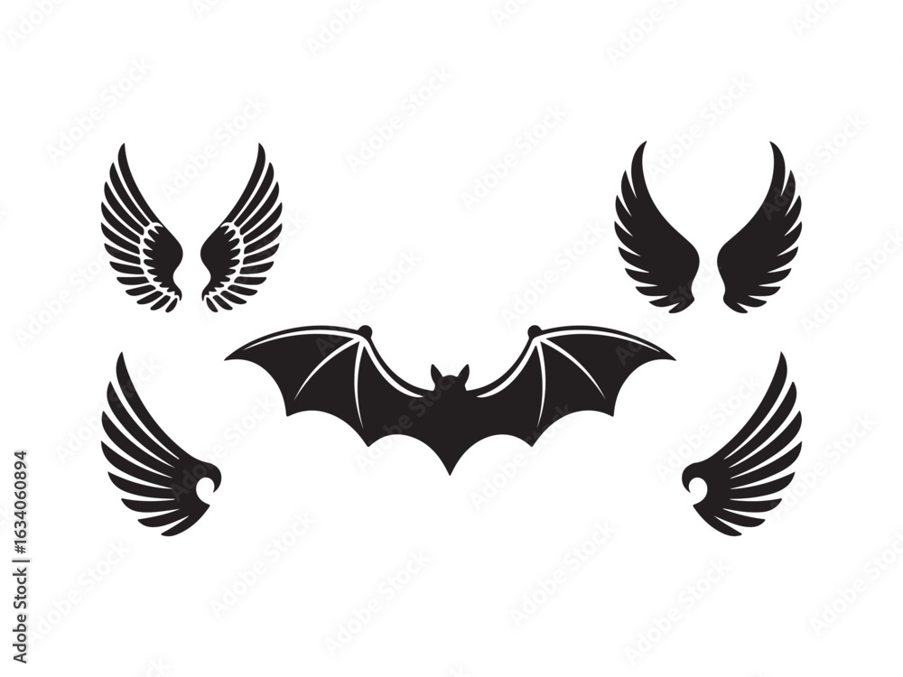Obraz premium Collection of bat and angel wings silhouette vector isolated on white background