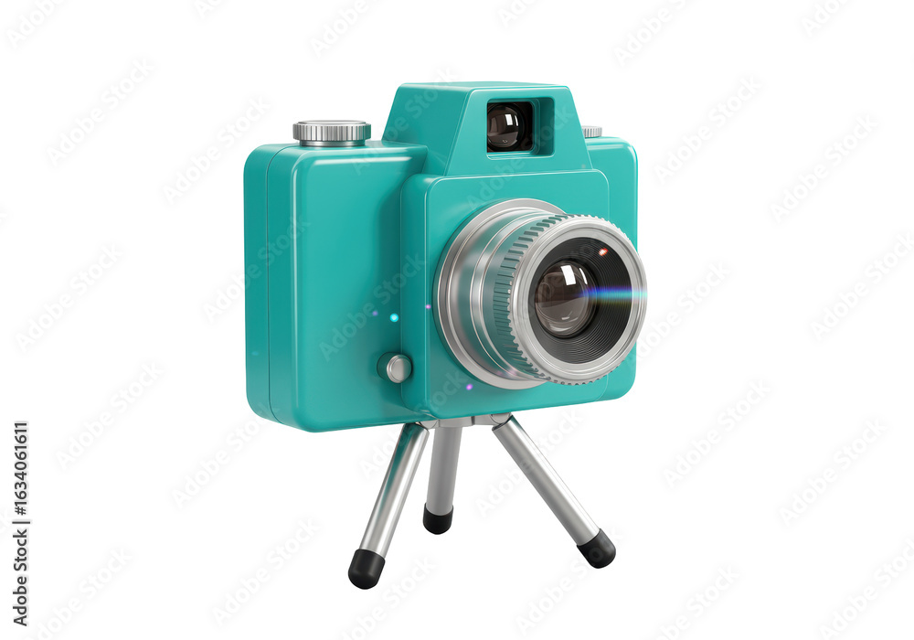 Fototapeta premium Isolated Cartoon Style Turquoise Camera on Tripod