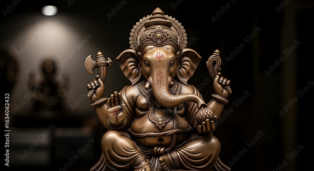 Fototapeta premium Bronze Ganesha Statue: Hindu Deity Symbolizing Wisdom, Prosperity, and New Beginnings on Dark Background