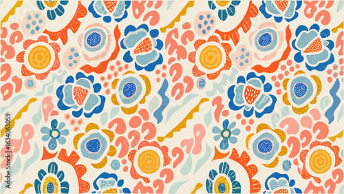 Colorful floral pattern with abstract shapes and vibrant hues creating a whimsical and lively composition