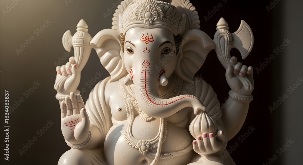 Fototapeta premium Intricate White Ganesha Statue: Hindu Deity Symbolizing Wisdom, Prosperity, and Remover of Obstacles