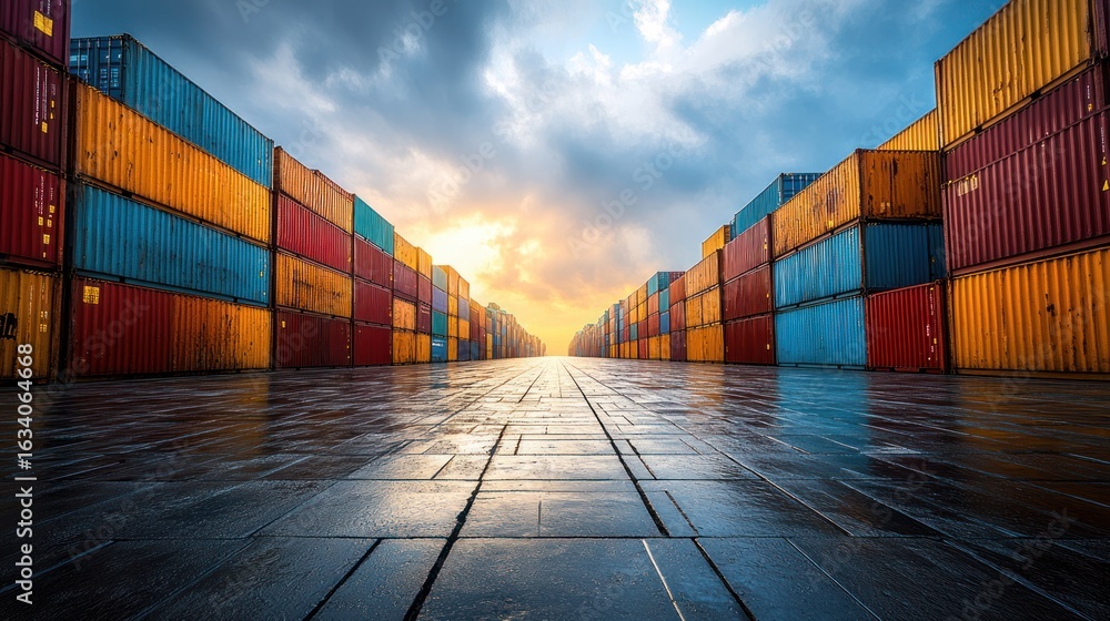 Fototapeta premium Shipping containers line a paved path at sunset