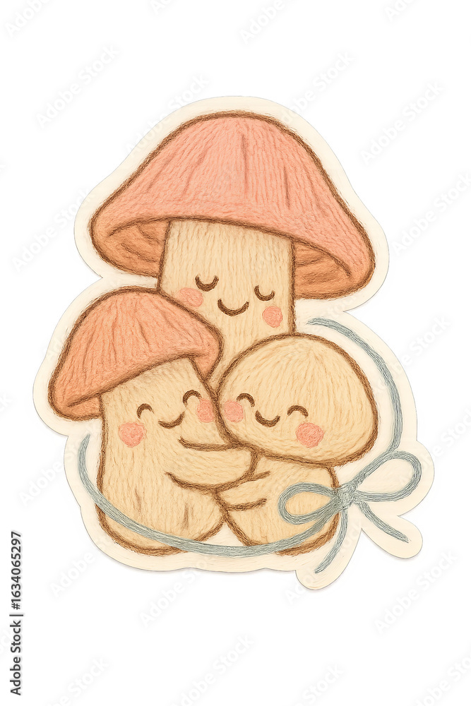 Fototapeta premium Whimsical Mushroom Embrace: A heartwarming illustration depicts a family of charming mushrooms in a loving embrace, radiating joy and comfort, perfect for conveying themes of family, love.