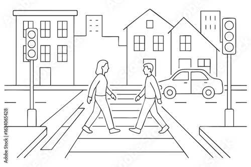 Black and white urban scene of two people crossing a street at a pedestrian crosswalk for kids to color.