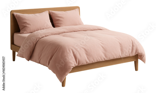 Wooden bed frame with pink bedding and two pillows on transparent background.