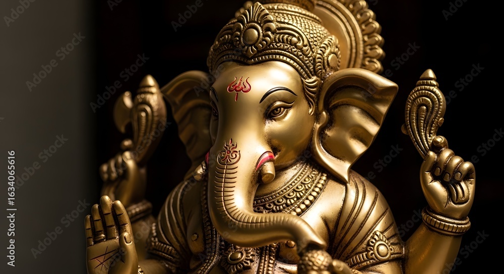Fototapeta premium Ornate Golden Ganesha Idol Statue on Dark Background, Hindu Deity Symbolizing Wisdom and Prosperity