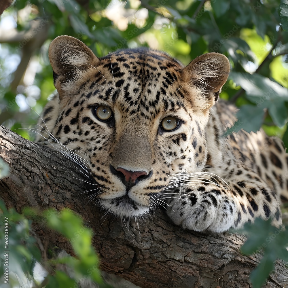 Fototapeta premium Leopard in Tree: A close-up portrait of a majestic leopard, its striking coat of spots blending with the natural world, gazes serenely from its perch among the leafy canopy of a verdant tree.