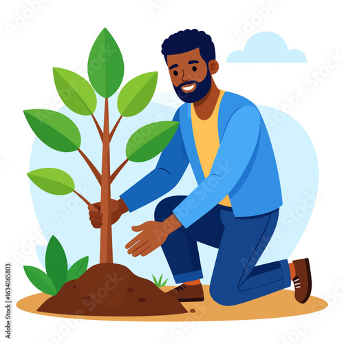 An illustration of a smiling Black man kneeling down to plant a young tree sapling in a mound of soil.