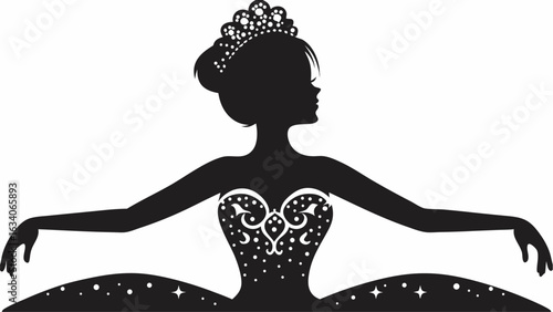 Silhouette of a ballerina with a crown in a tutu with stars and decorative bodice holding her arms out