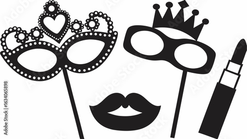 Illustration of a masquerade mask with heart and flowers crown mask lips and lipstick props in black