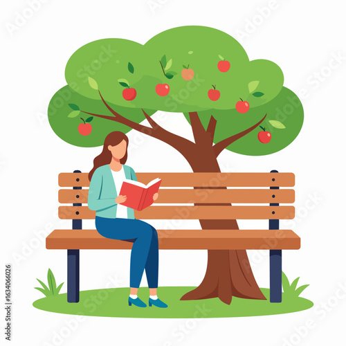 A young woman relaxes on a park bench under a fruitful apple tree while reading a book.