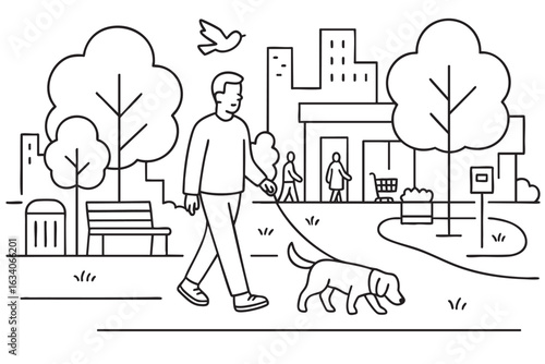 Simple line art illustration of a man walking a dog in an urban park, the scene includes trees, benches, a trash bin, modern buildings in the background, and a bird in the sky