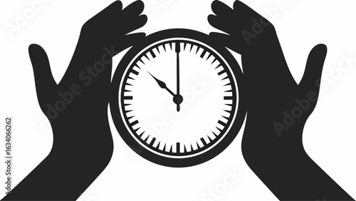 Hands holding a clock with hour and minute hands indicating time in a monochrome graphic illustration