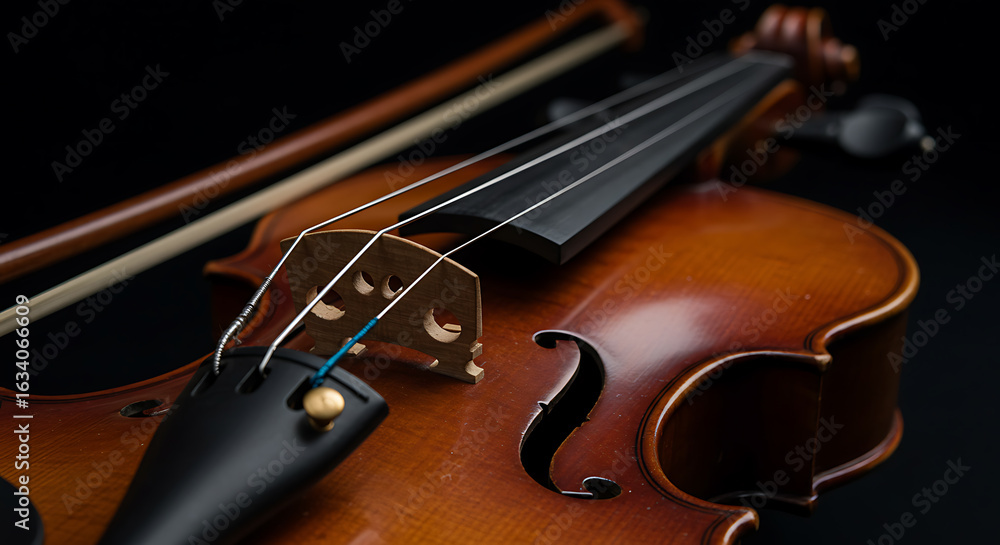 Fototapeta premium Close-Up of a Brown Violin with Detailed Strings and Fingerboard on a Black Background