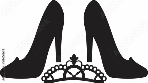 Two high heel shoes flanking a tiara in black silhouette on a white background creating a regal fashion statement