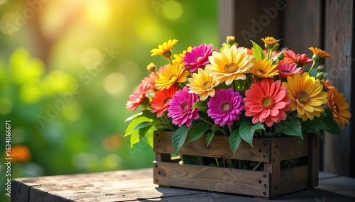 A vibrant bouquet of fresh, colorful wildflowers in a rustic wooden crate, bathed in soft sunlight Perfect for spring, summer, or floral themes , close-up, pastel