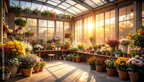 Greenhouse Filled with Flowers and Sunlight, Creating a Warm and Inviting Atmosphere