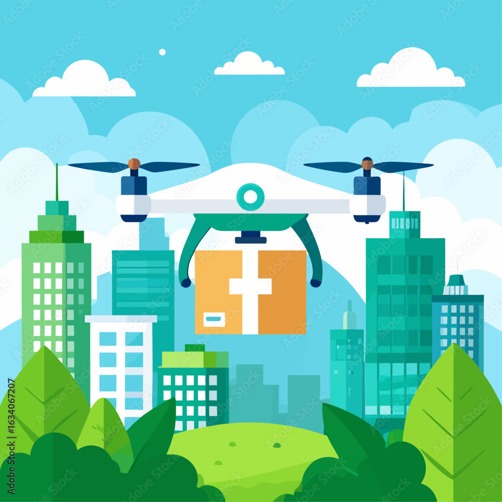 Obraz premium A delivery drone flies with a cardboard package over a modern green city skyline with skyscrapers and trees.