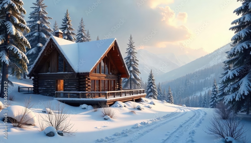 Naklejka premium Rustic hunting lodge nestled in a snowy woodland, complete with large windows offering stunning views of the winter landscape , pine, cabin