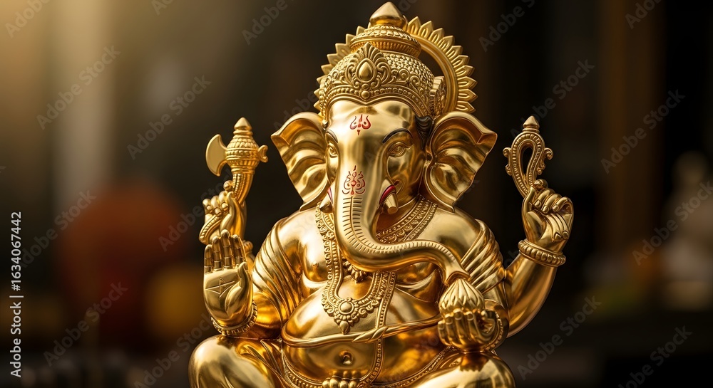 Fototapeta premium Ornate Golden Ganesha Idol, Hindu God of Wisdom and Prosperity