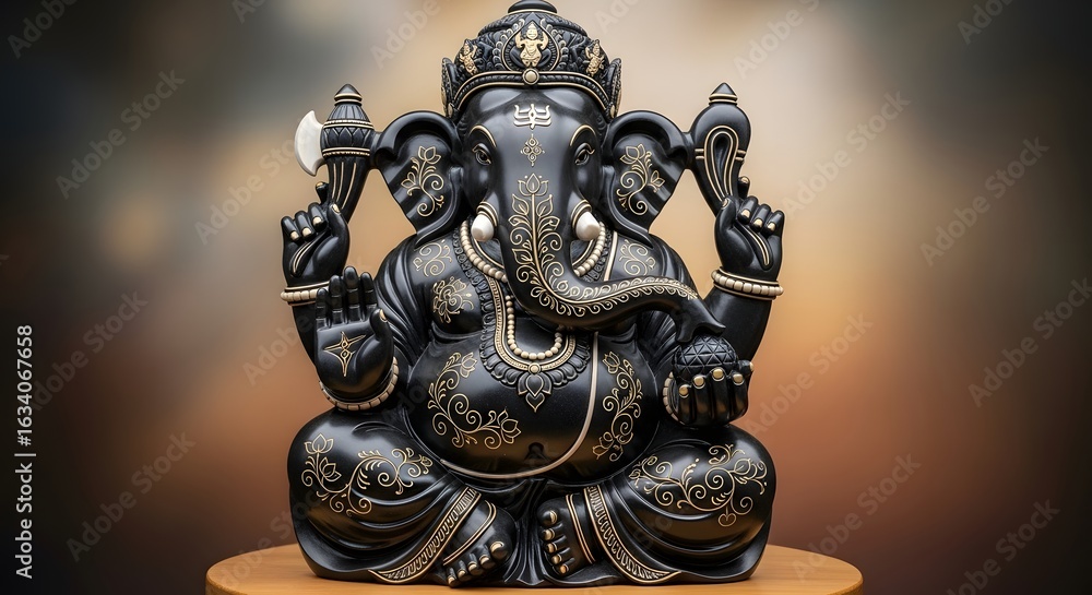 Fototapeta premium Ganesha Statue: Black and Gold Hindu Deity Symbolizing Wisdom, Prosperity, and Good Fortune
