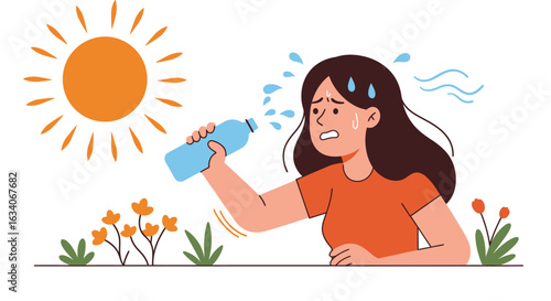 Hot Weather Vector Illustration – Flat Design Cartoon of Sweating Girl Drinking Water Under the Sun