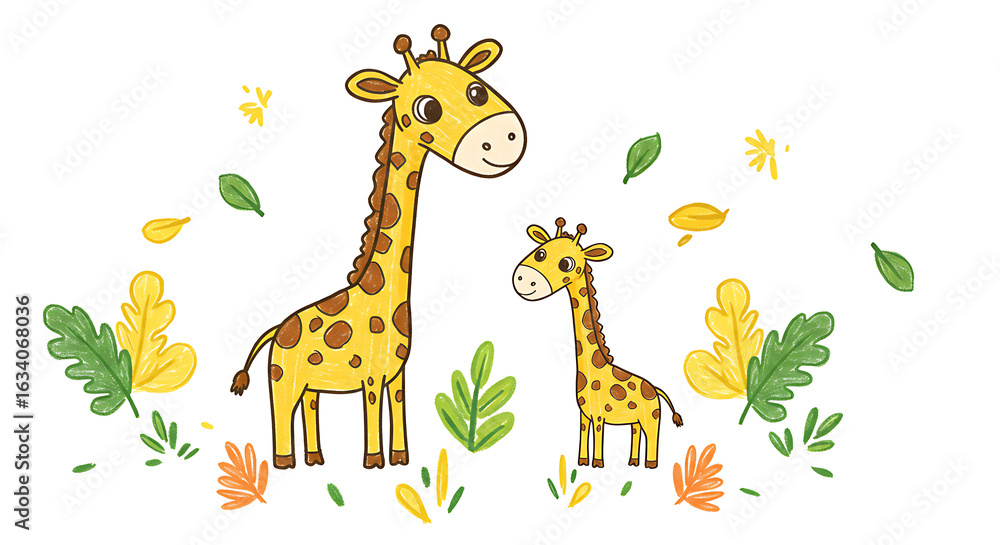 Fototapeta premium Kid doodle of giraffes, leaves, crayon color, white background