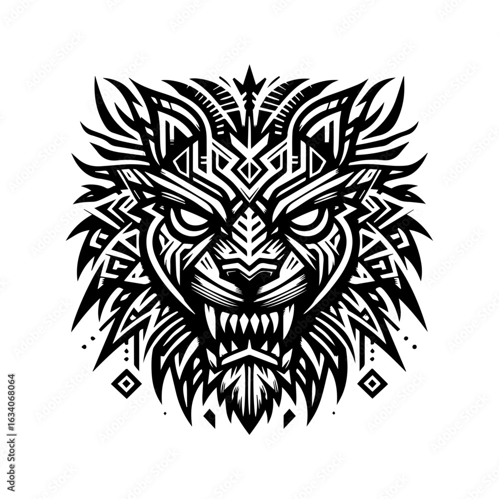 Obraz premium Tribal lion head mask with sharp geometric mane