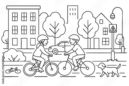 Black and white illustration of two children biking through an urban park with trees and buildings. 