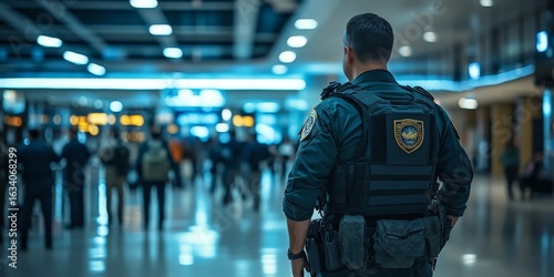 Customs and border protection officer monitoring passengers in airport terminal